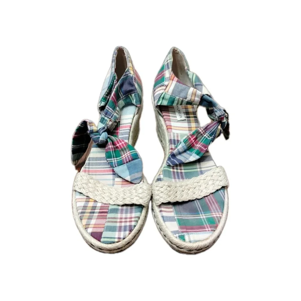 Tommy Hilfiger Womens Espadrille Wedge Sandals Plaid‎ Ankle Tie Open Toe Size 9M